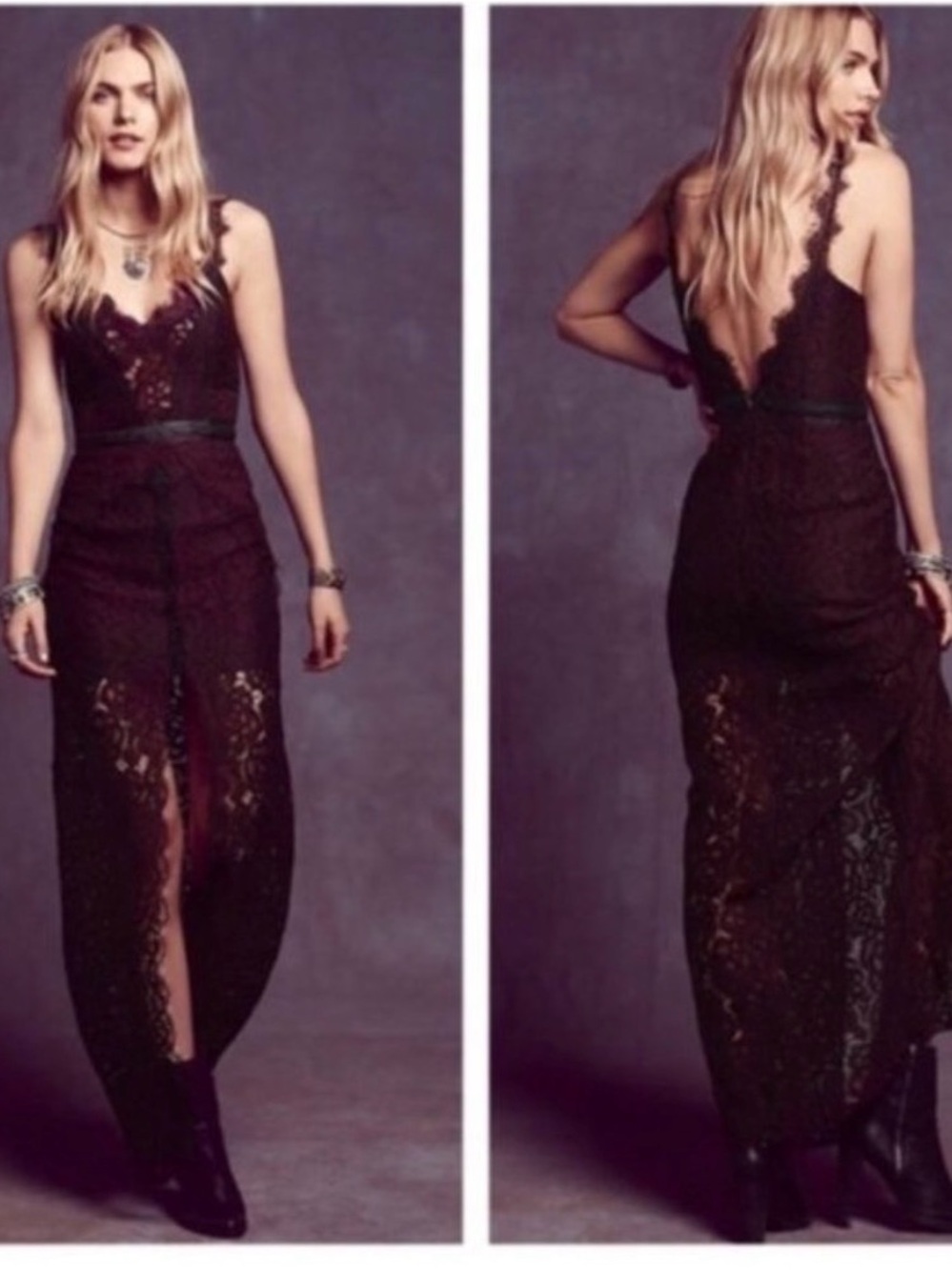 FP Lace Column V-Neck Maxi Dress with Leather Details